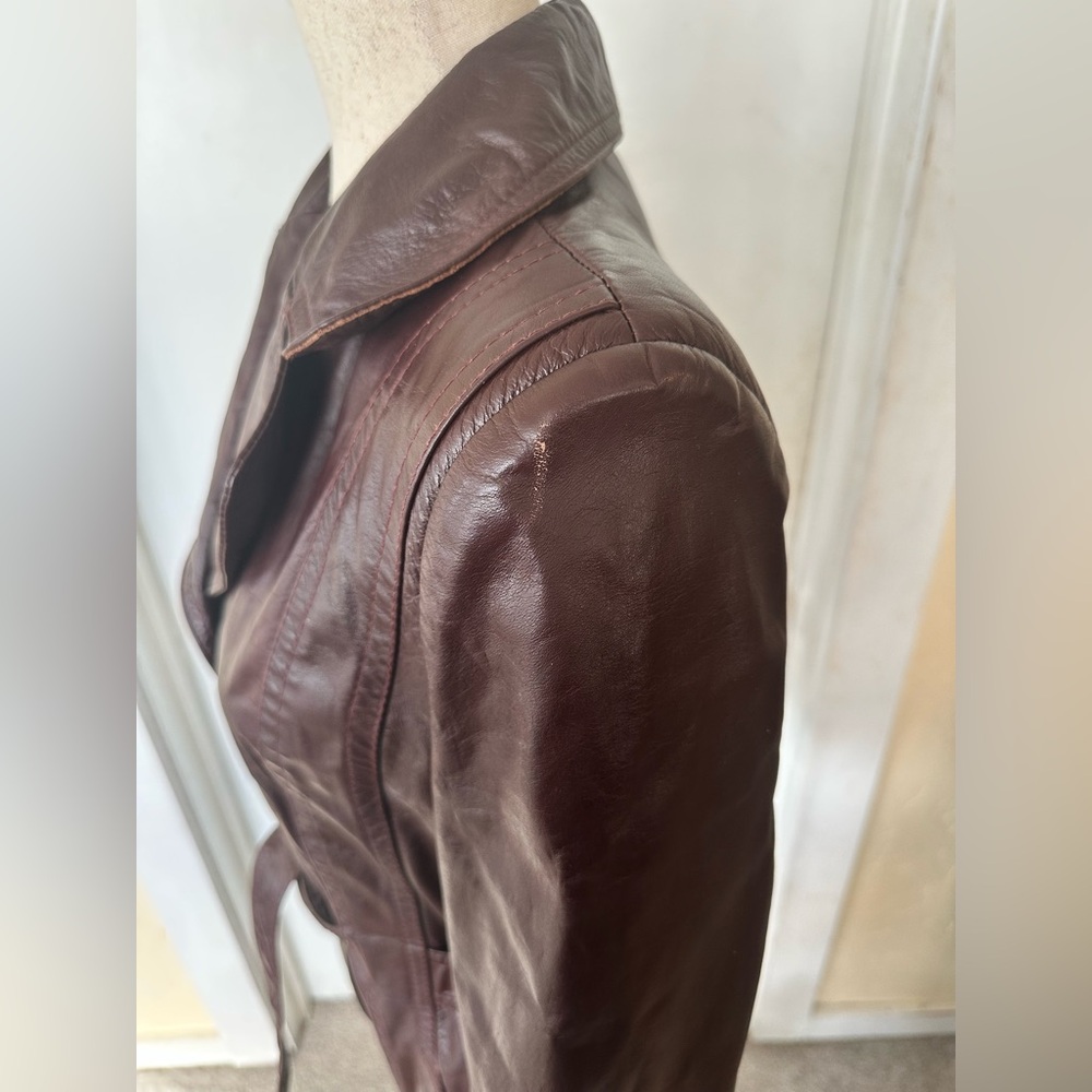 Vintage Nordstrom The Brass Plum Burgundy Leather Jacket Attached Belt Size S - Picture 6 of 8